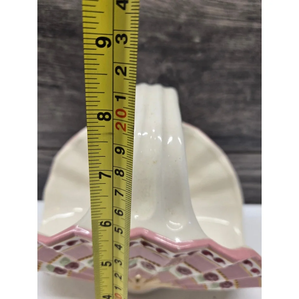 Vintage Ceramic Fan Basket Floral Hand Painted Pink Cream Decorative Dish 8in